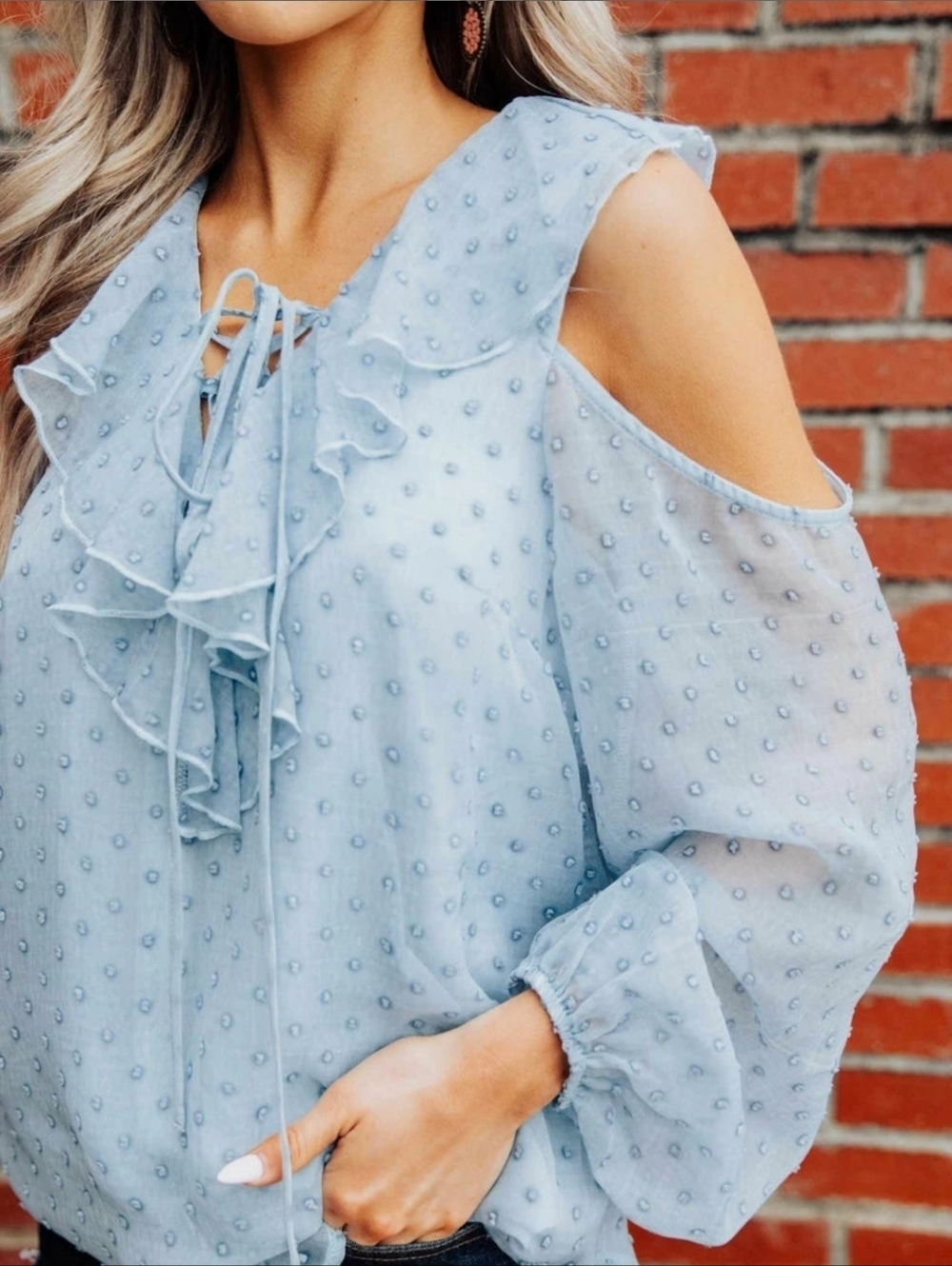 Southern Fried Chics She’s Somethin’ Top Blue cold-shoulder ruffled top. Small